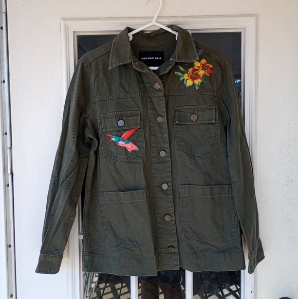 Who What Wear Olive Green Flower & Bird Embroidered Utility Jacket size M Floral - Picture 2 of 11